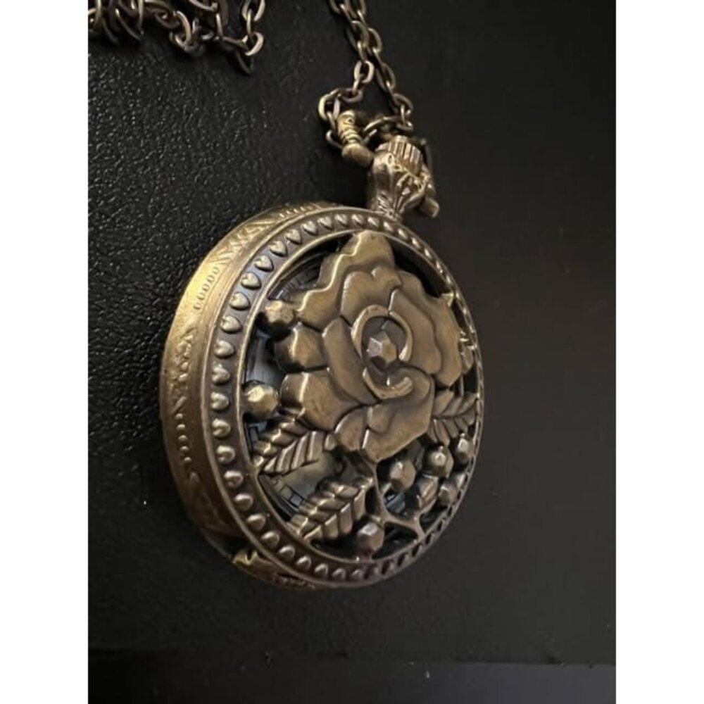 Old Pocket Watch Pendant Necklace with Flower Etching - Watch May Need Battery! - Picture 3 of 5